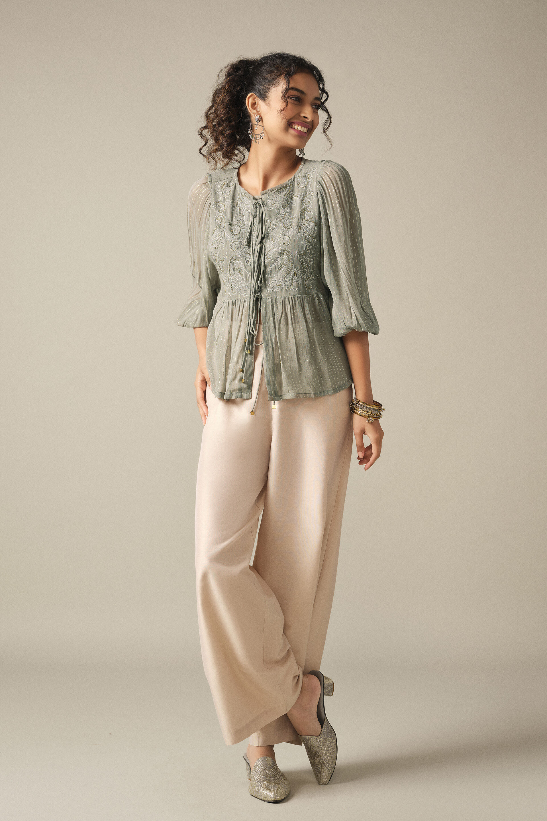 Tie-up Embroidered Peasant Top in Grey, Grey, image 3